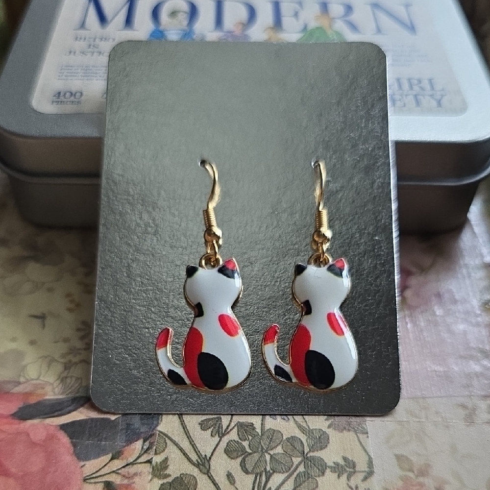Charming Gold and Multicolor ENAMEL Cat Earrings